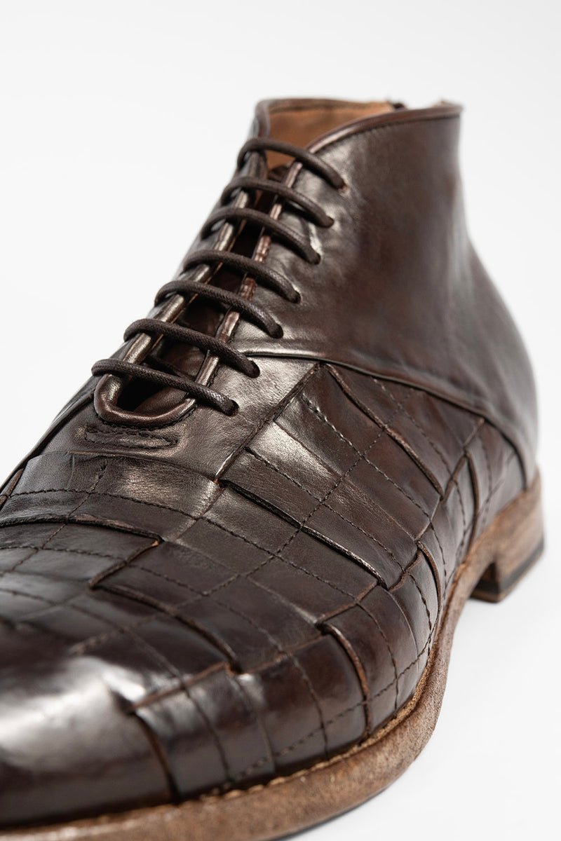 PARKER dark-cocoa woven leather chukka boots.