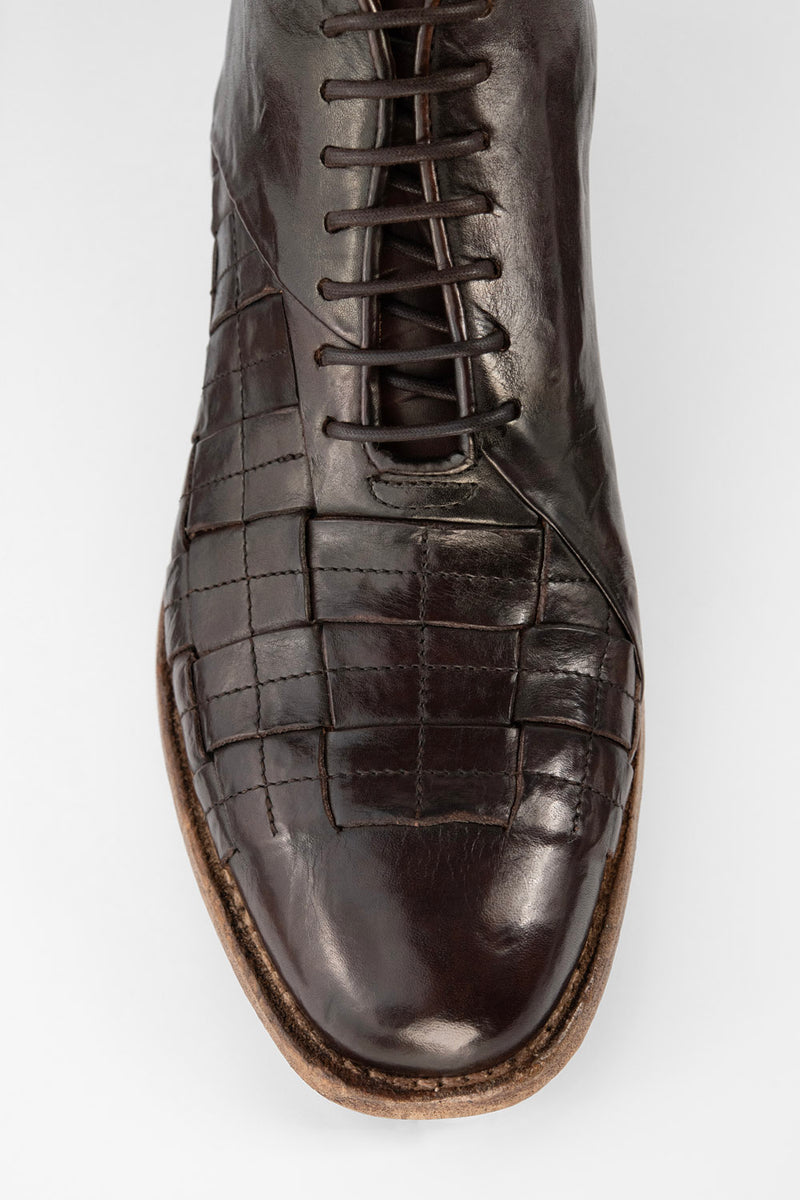 PARKER dark-cocoa woven leather chukka boots.