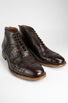 PARKER dark-cocoa woven leather chukka boots.