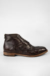 PARKER dark-cocoa woven leather chukka boots.