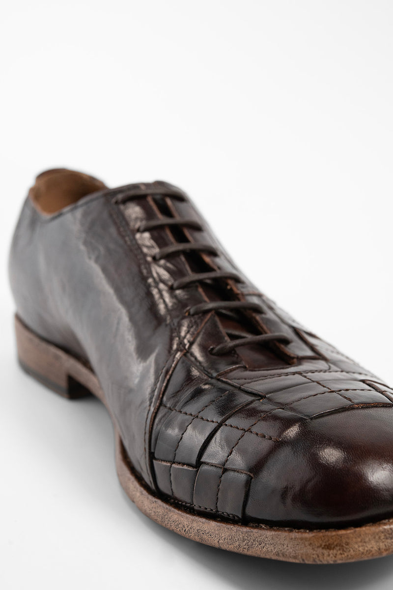 PARKER dark-cocoa woven leather oxford shoes.