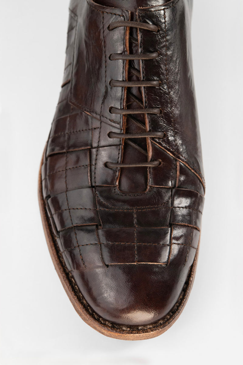 PARKER dark-cocoa woven leather oxford shoes.