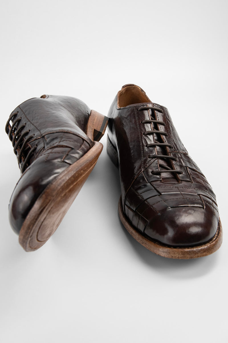 PARKER dark-cocoa woven leather oxford shoes.