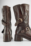 QUINN dark-caramel embellished high boots.