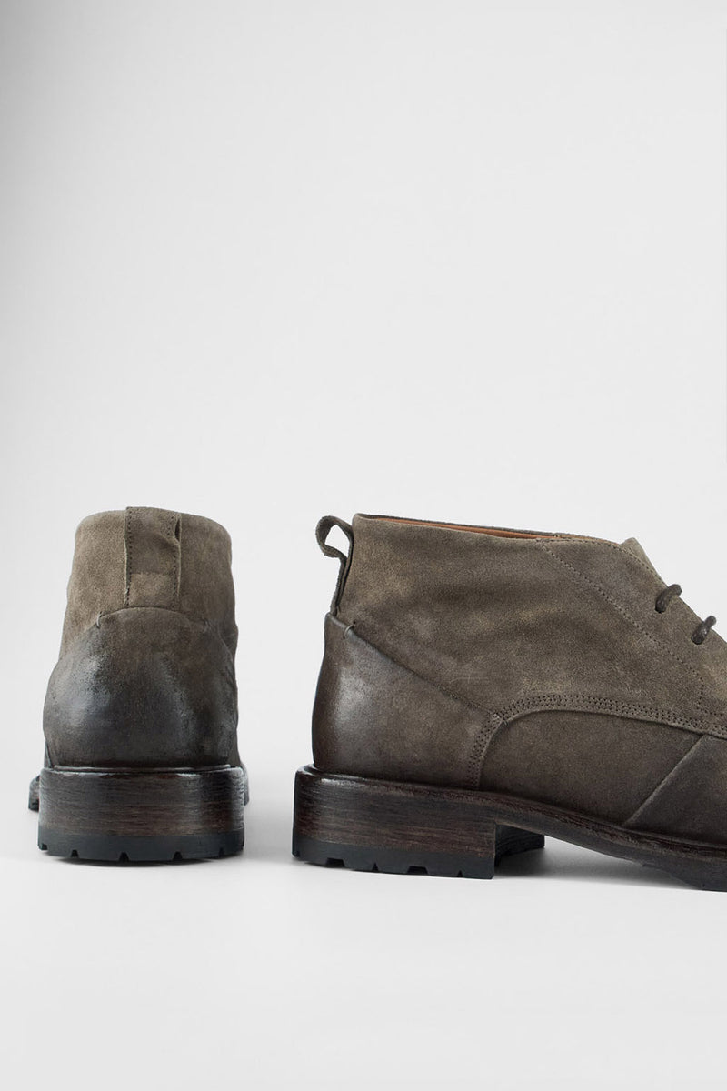 ROWLEY ash-brown folded suede chukka boots.