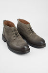 ROWLEY ash-brown folded suede chukka boots.