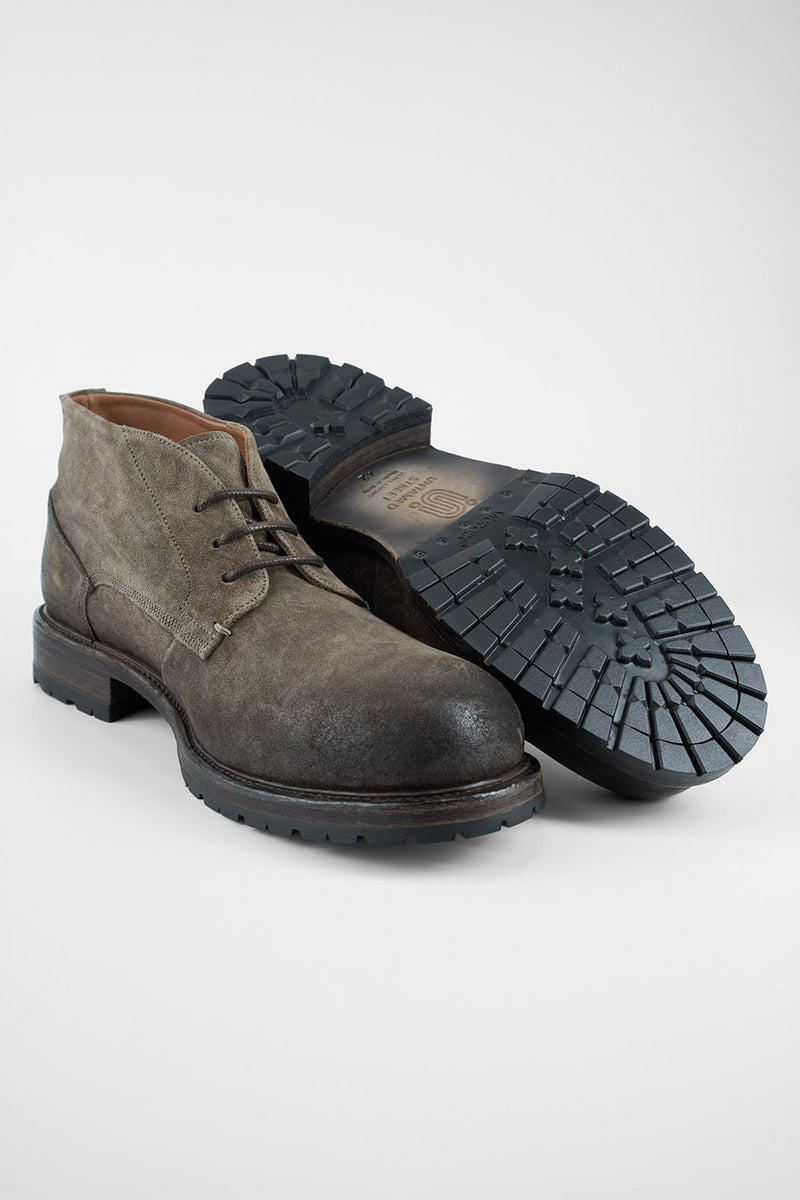 ROWLEY ash-brown folded suede chukka boots.