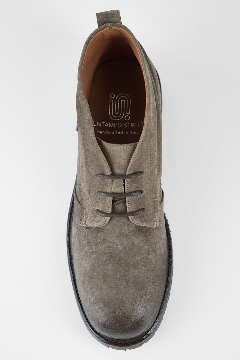 ROWLEY ash-brown folded suede chukka boots.