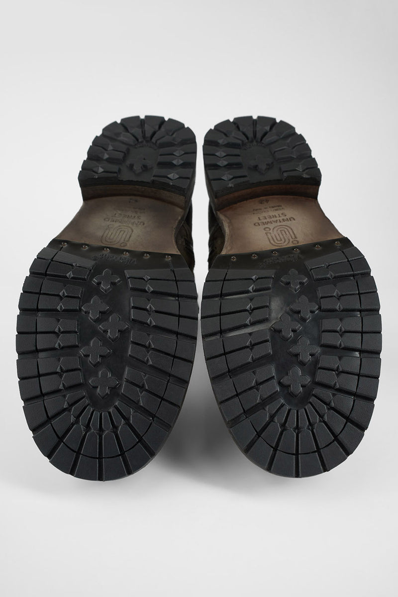 ROWLEY ash-brown folded suede chukka boots.
