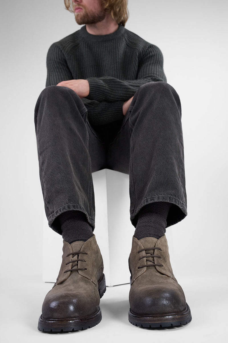 ROWLEY ash-brown folded suede chukka boots.