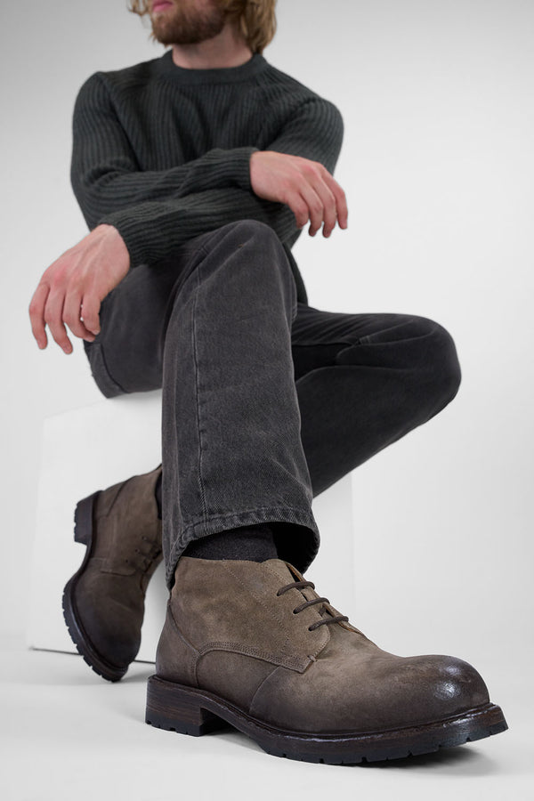 ROWLEY ash-brown folded suede chukka boots.
