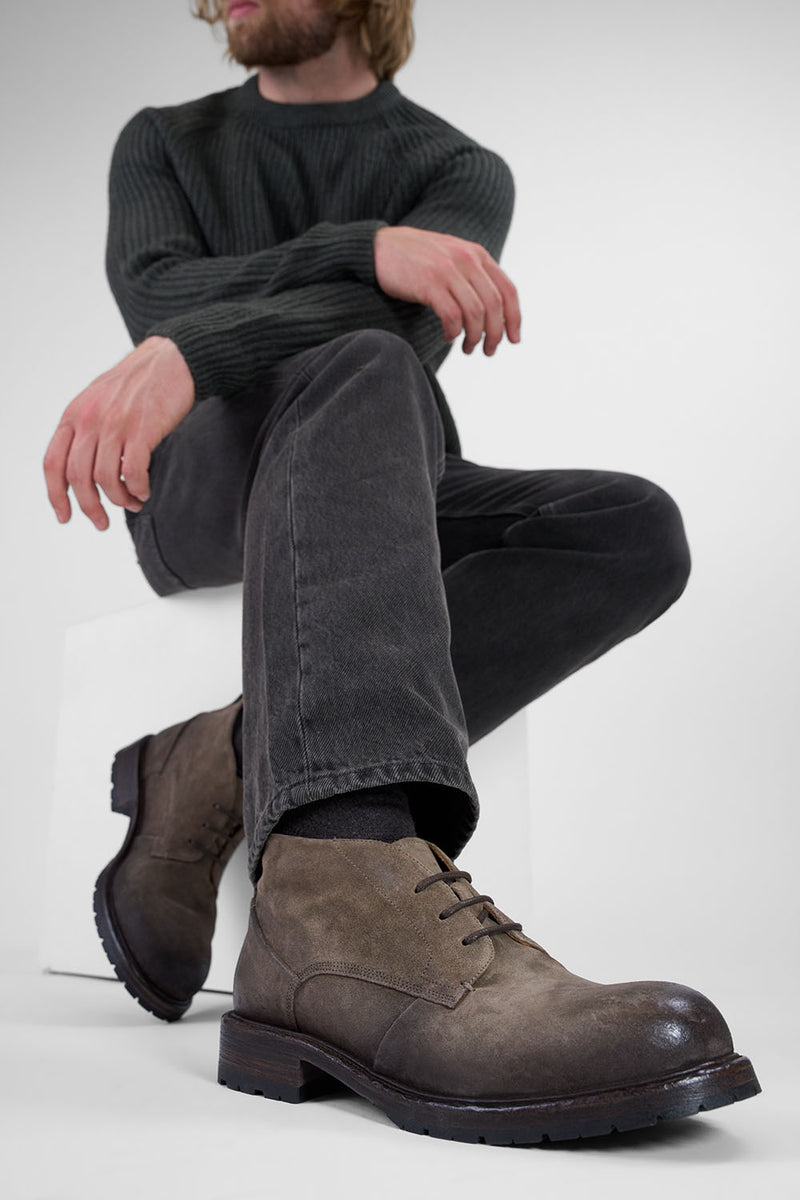 ROWLEY ash-brown folded suede chukka boots.