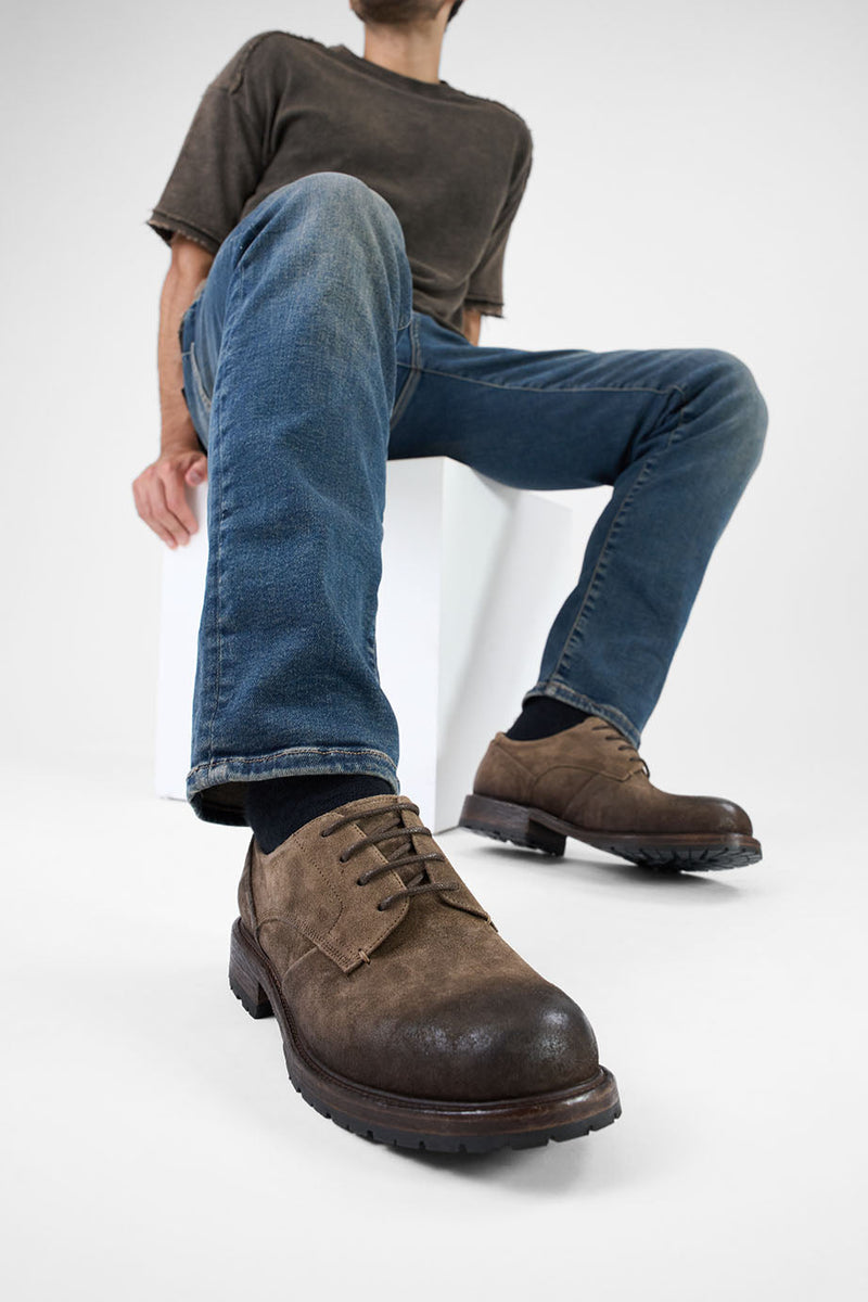 ROWLEY dusk-brown folded suede derby shoes.