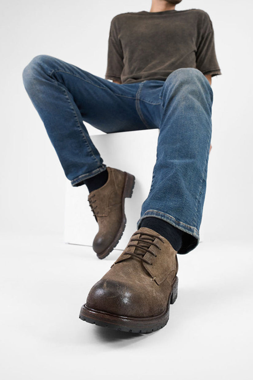 ROWLEY dusk-brown folded suede derby shoes.