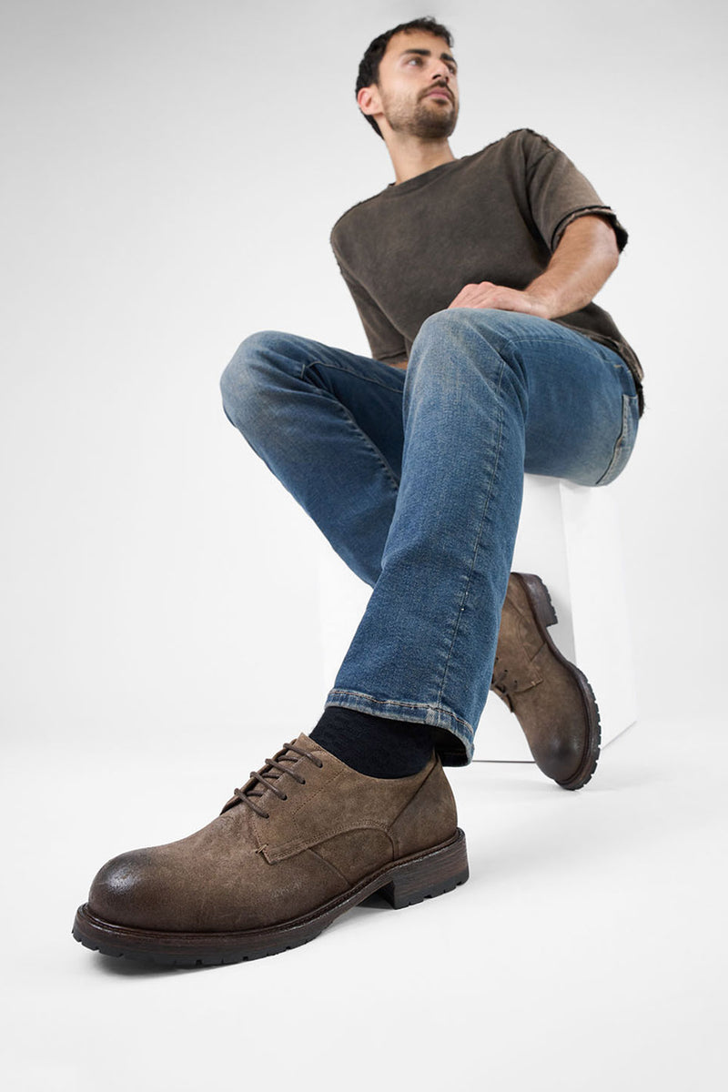 ROWLEY dusk-brown folded suede derby shoes.