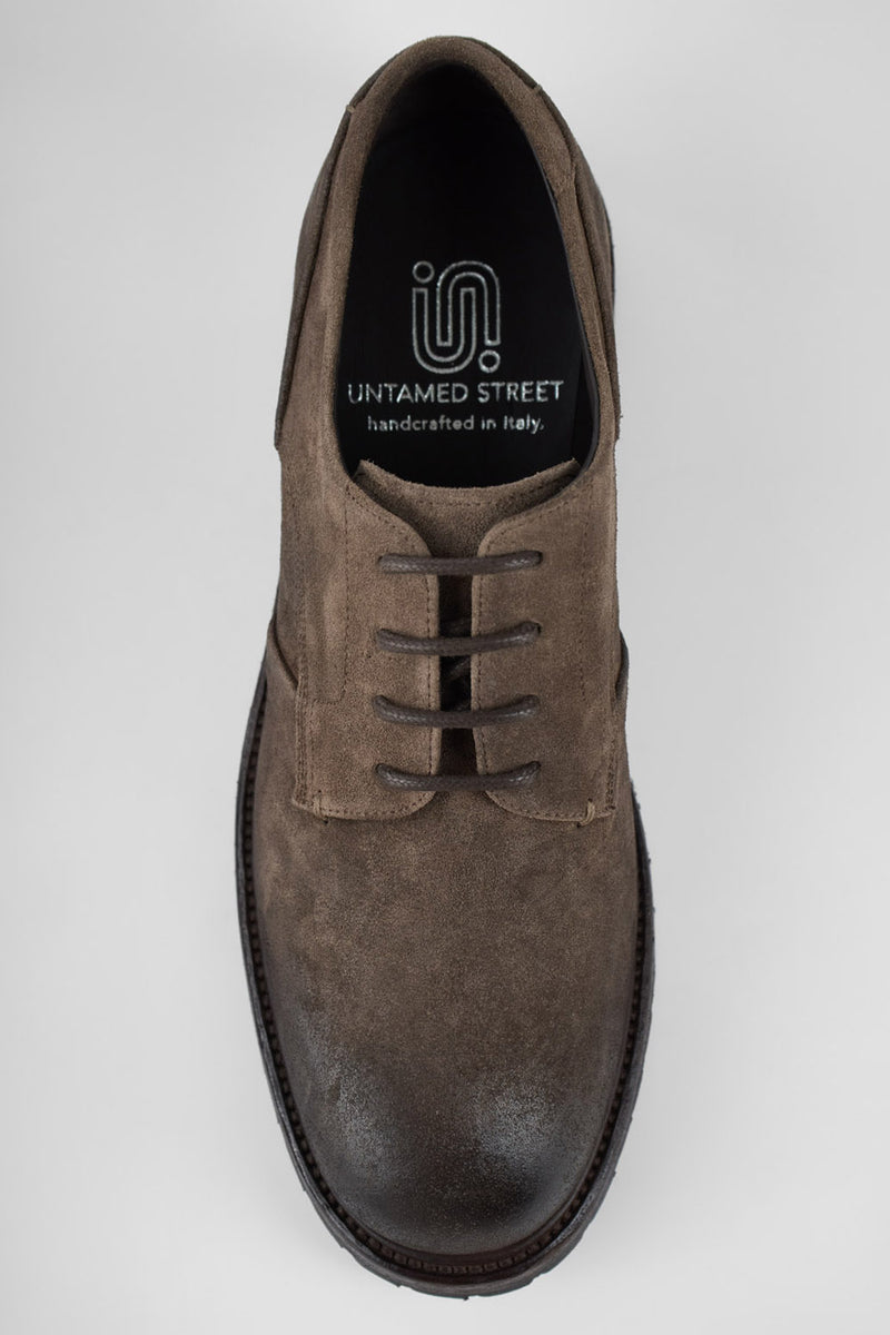 ROWLEY dusk-brown folded suede derby shoes.