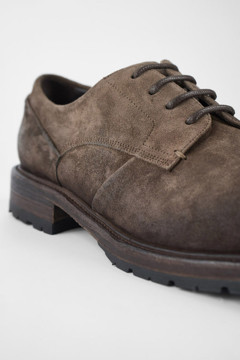 ROWLEY dusk-brown folded suede derby shoes.
