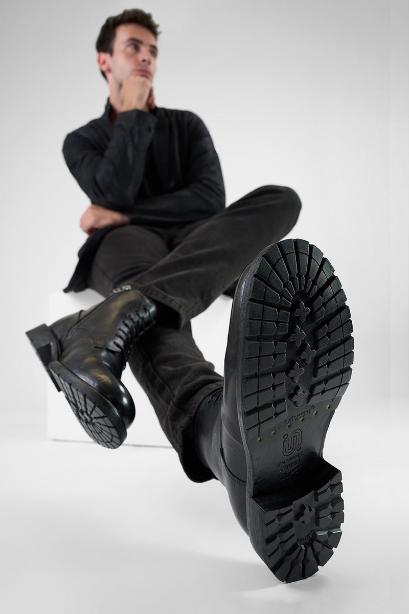 ROWLEY coal-black folded lace up boots.