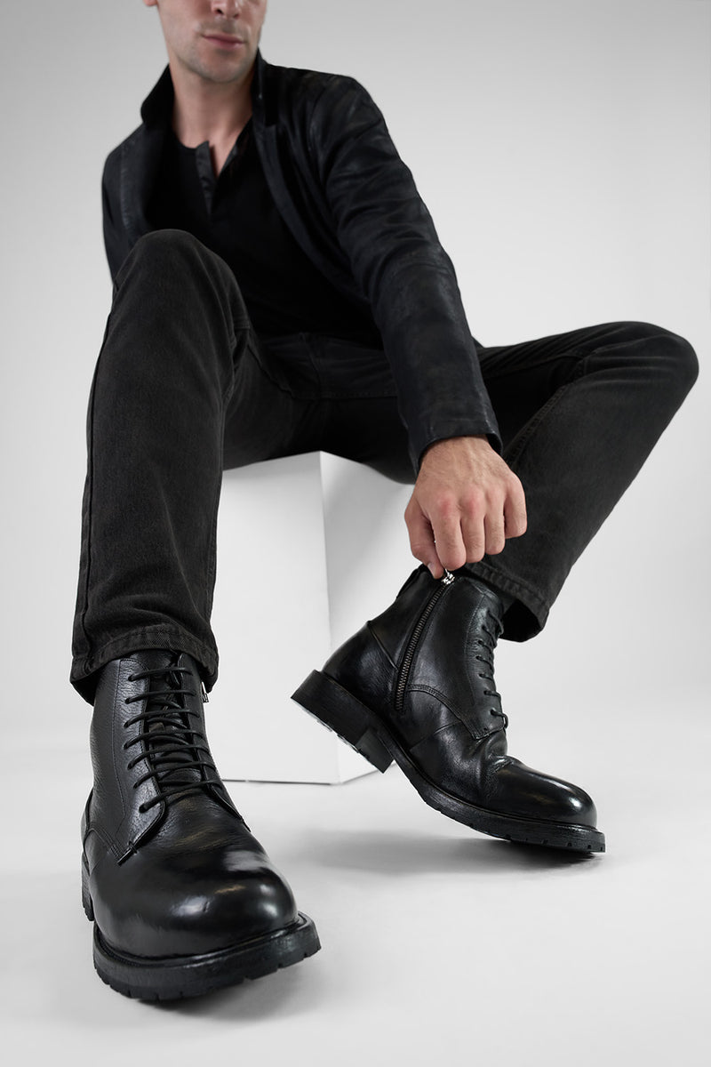 ROWLEY coal-black folded lace up boots.