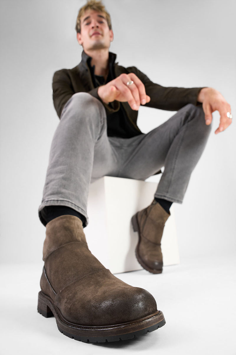 ROWLEY dark-earth folded suede laceless boots.