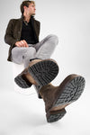 ROWLEY dark-earth folded suede laceless boots.
