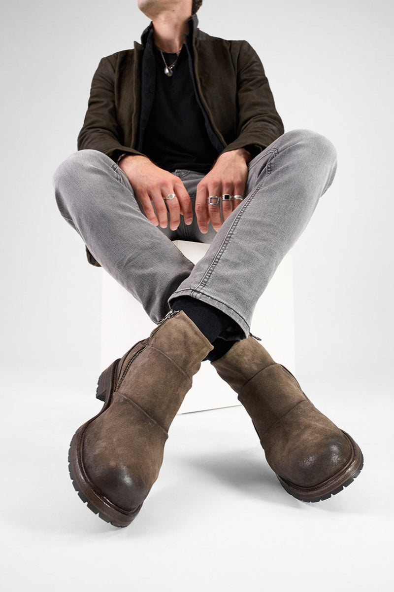 ROWLEY dark-earth folded suede laceless boots.