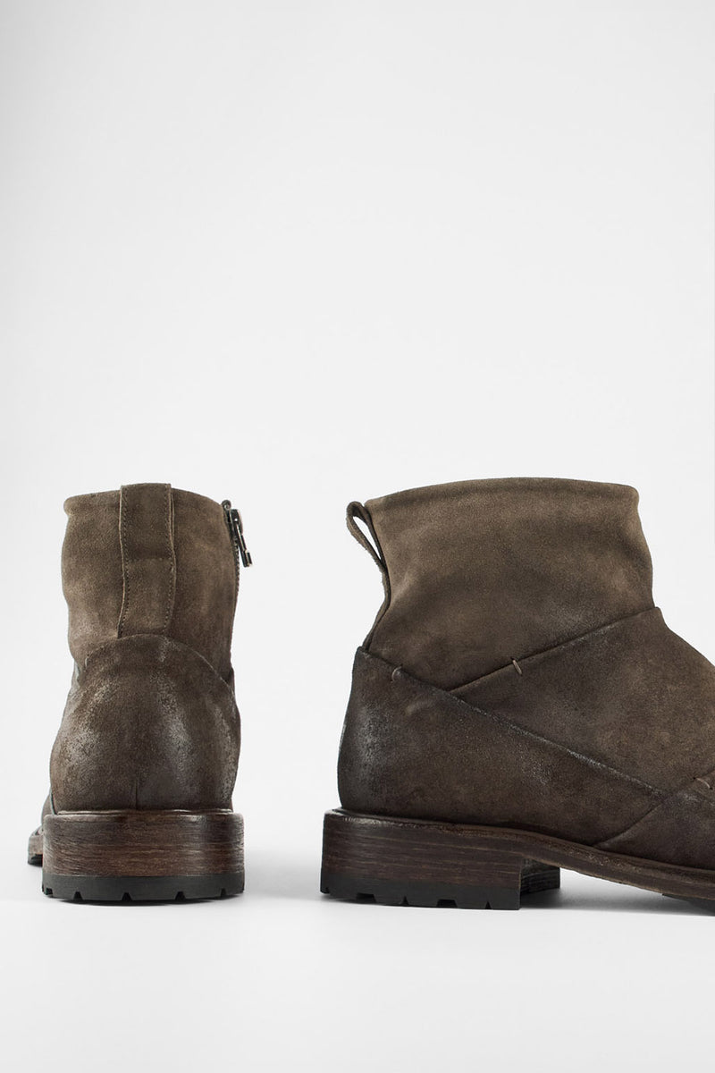 ROWLEY dark-earth folded suede laceless boots.