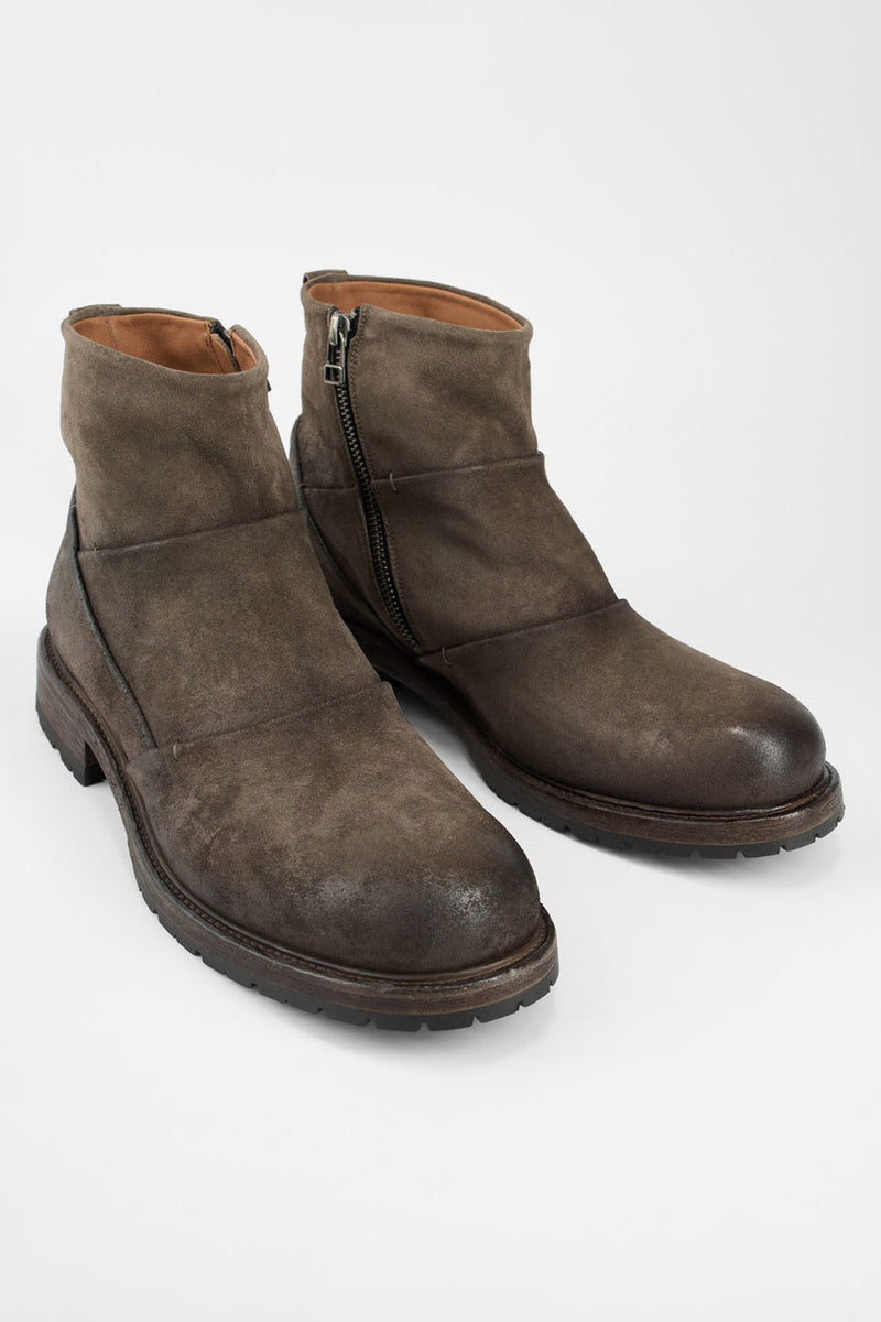 ROWLEY dark-earth folded suede laceless boots.