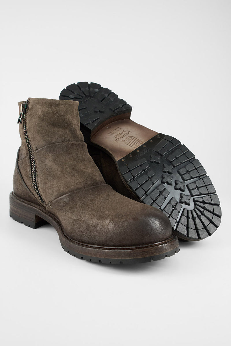 ROWLEY dark-earth folded suede laceless boots.