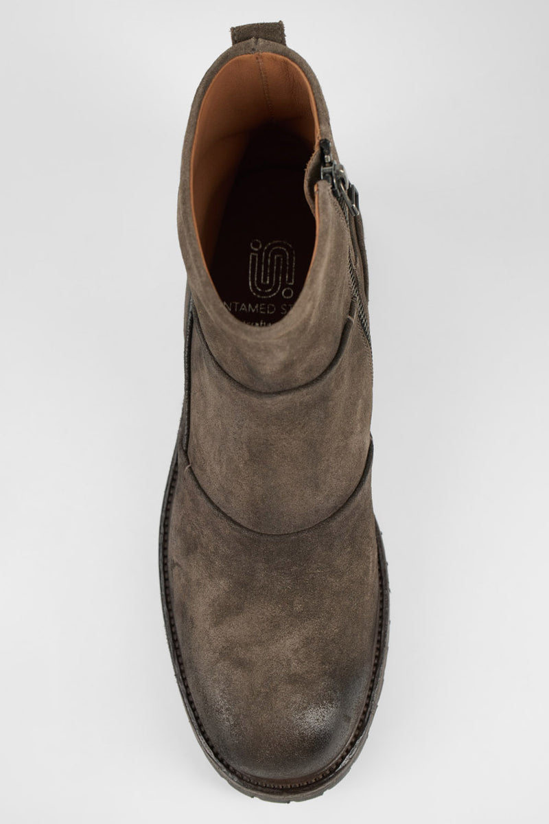 ROWLEY dark-earth folded suede laceless boots.