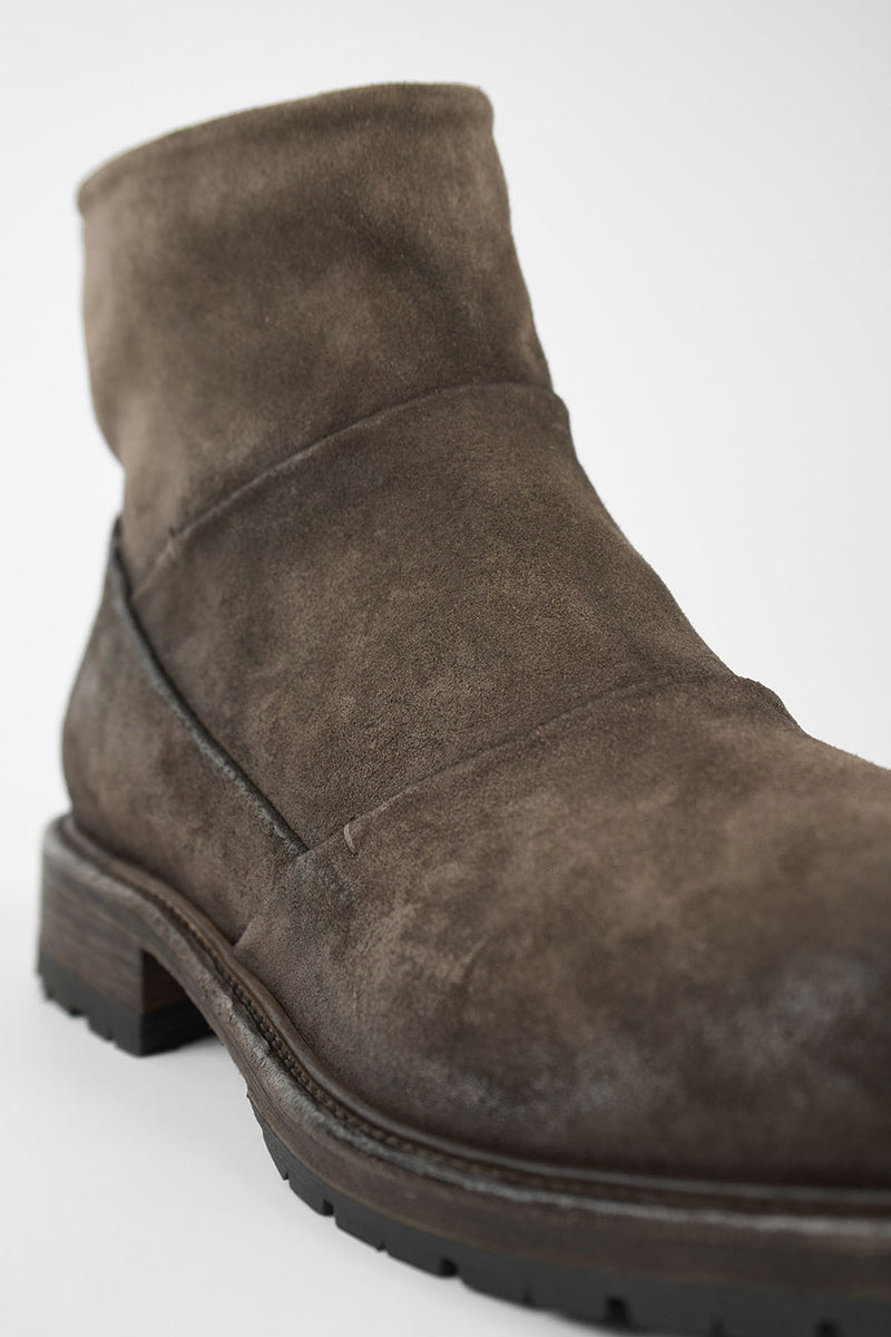 ROWLEY dark-earth folded suede laceless boots.