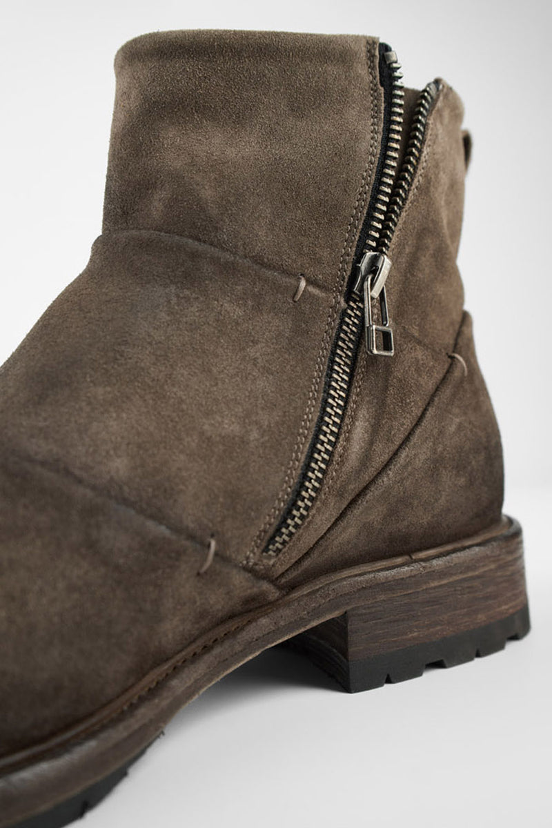 ROWLEY dark-earth folded suede laceless boots.