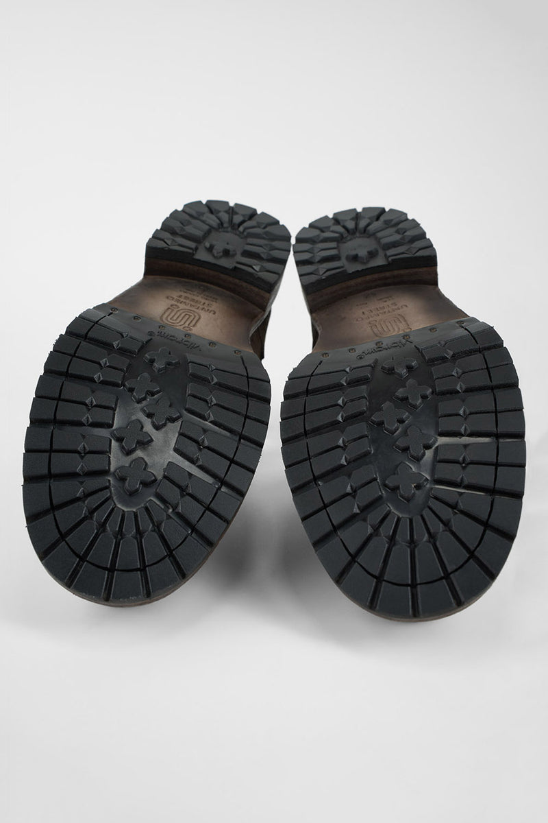 ROWLEY dark-earth folded suede laceless boots.