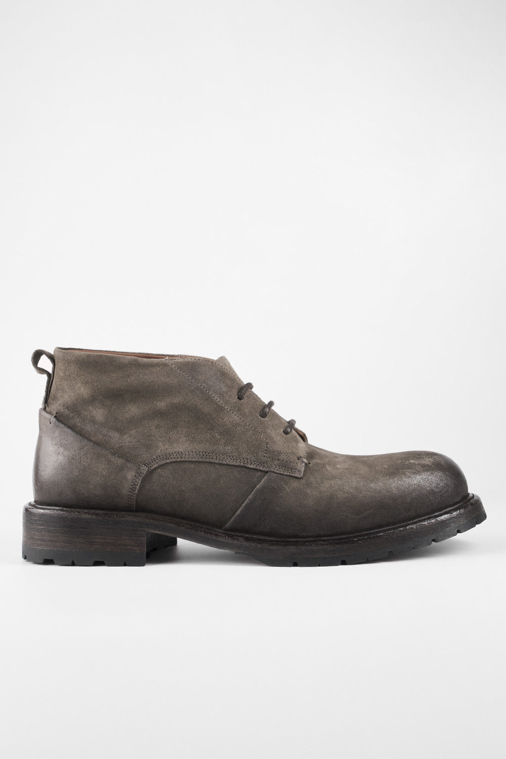 ROWLEY ash-brown folded suede chukka boots.