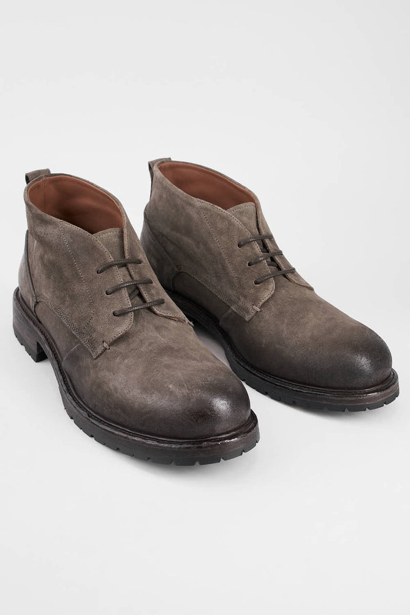 ROWLEY ash-brown folded suede chukka boots.