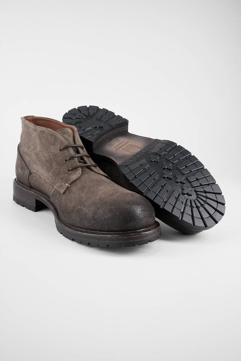 ROWLEY ash-brown folded suede chukka boots.