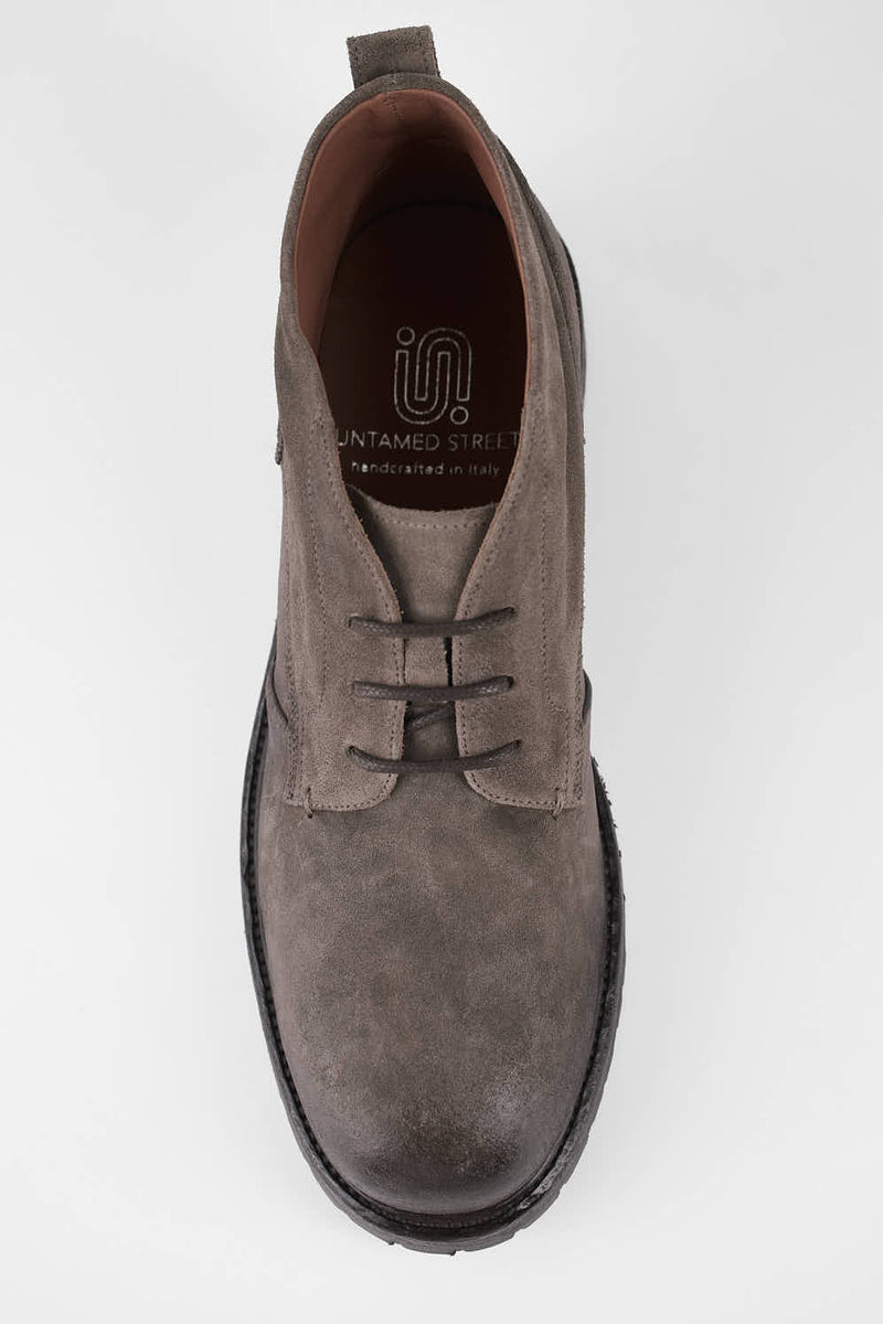 ROWLEY ash-brown folded suede chukka boots.