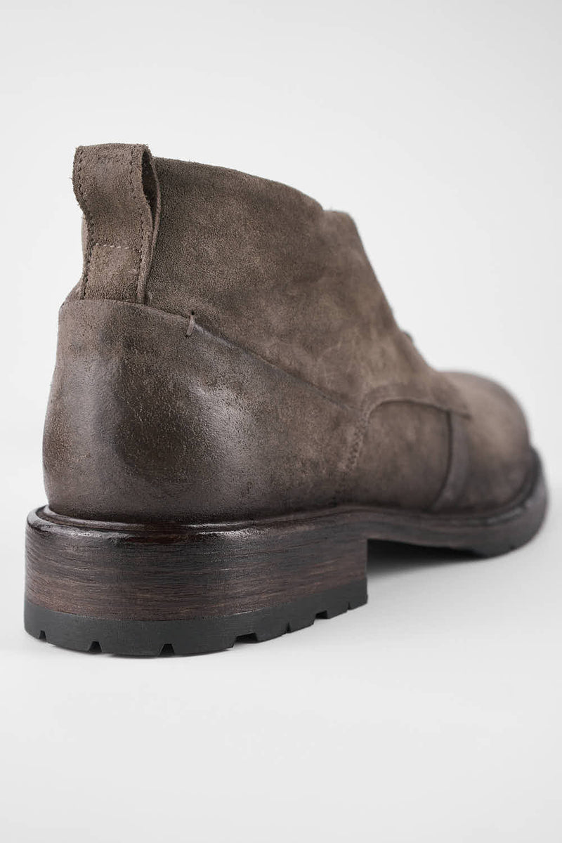 ROWLEY ash-brown folded suede chukka boots.