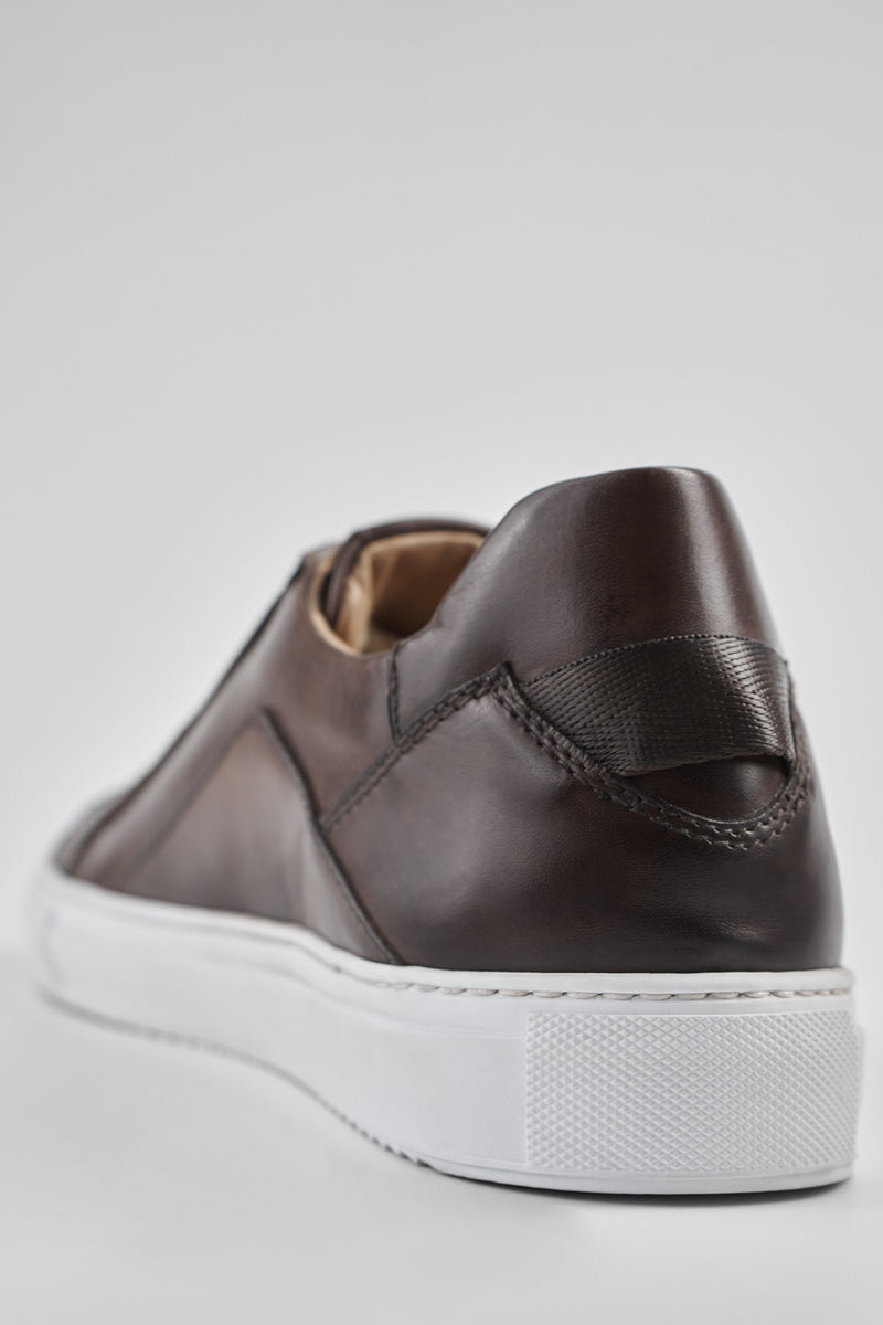 SKYE noble-brown triple stitched patina sneakers.