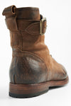 SLOANE chocolate lace-up buckle boots.