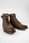 SLOANE chocolate lace-up buckle boots.