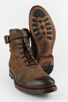 SLOANE chocolate lace-up buckle boots.