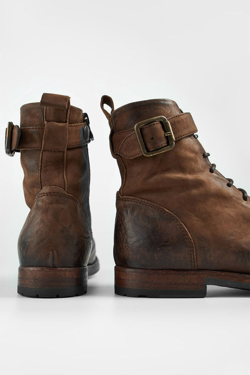 SLOANE chocolate lace-up buckle boots.