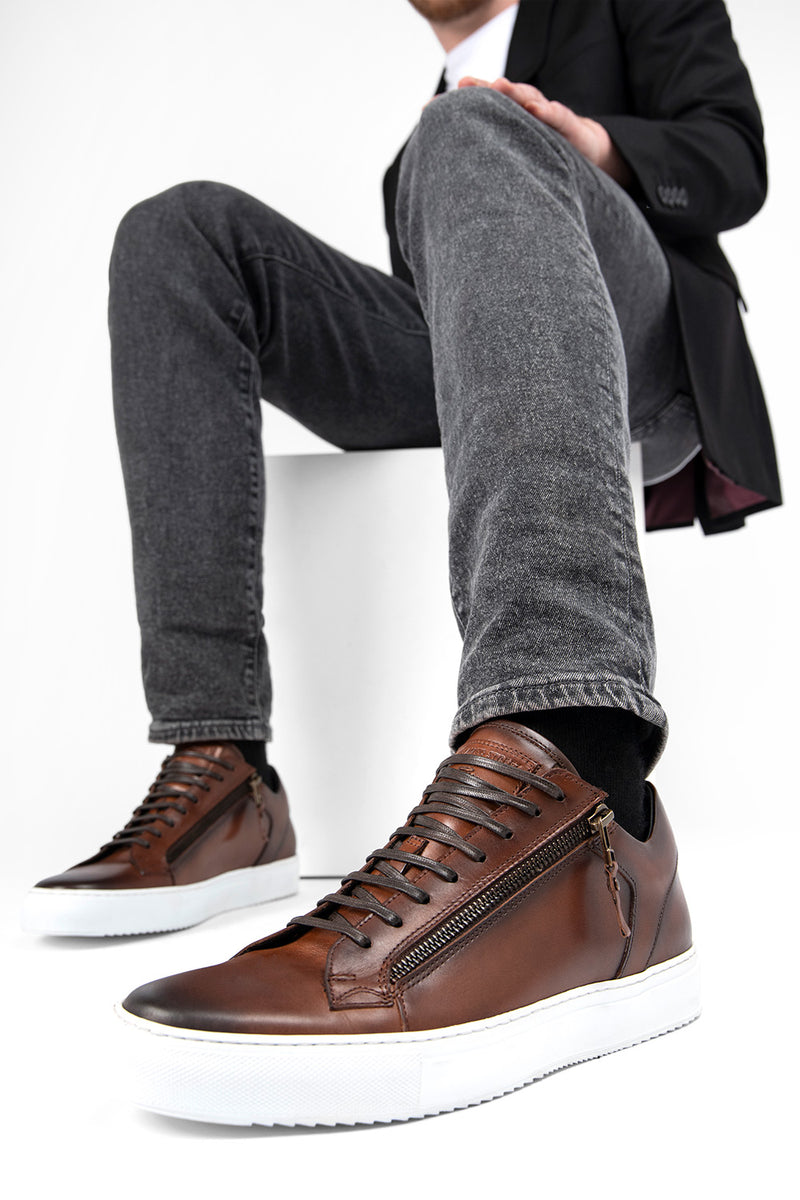 SOHO cocoa-brown double-zip patina sneakers.