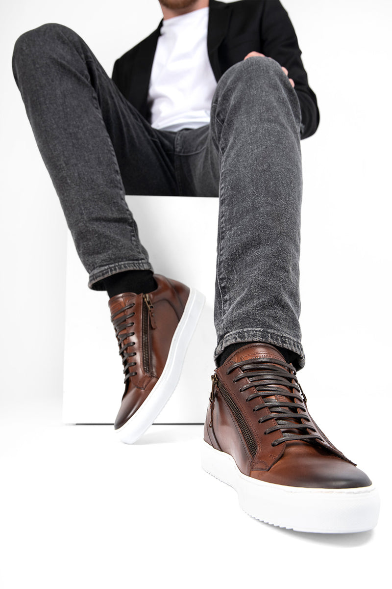 SOHO cocoa-brown double-zip patina sneakers.