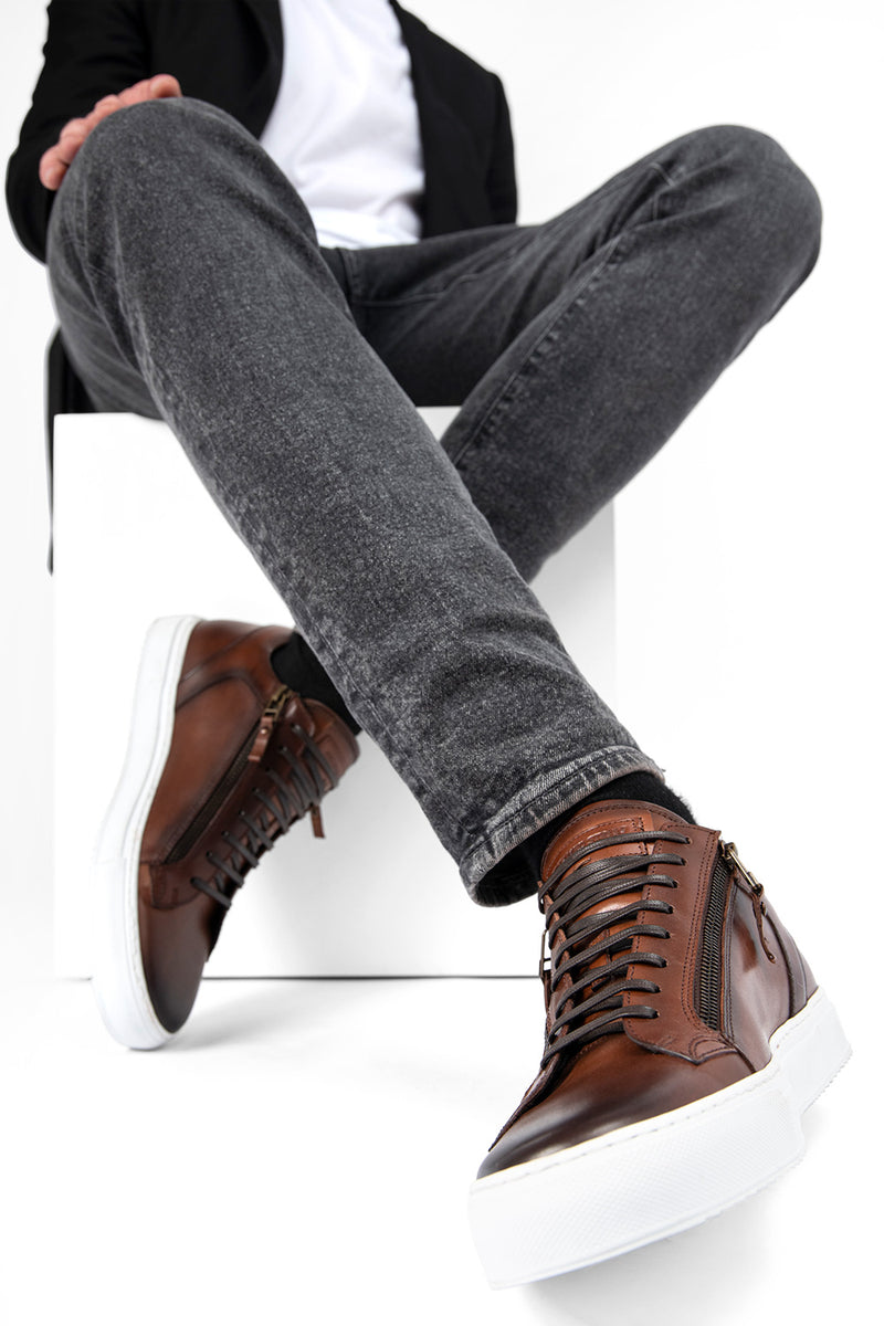 SOHO cocoa-brown double-zip patina sneakers.