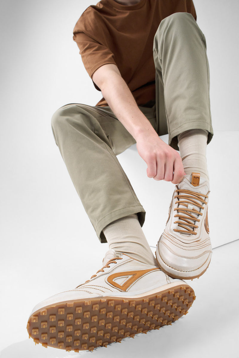 WYRE off-white & cognac nappa sneakers.