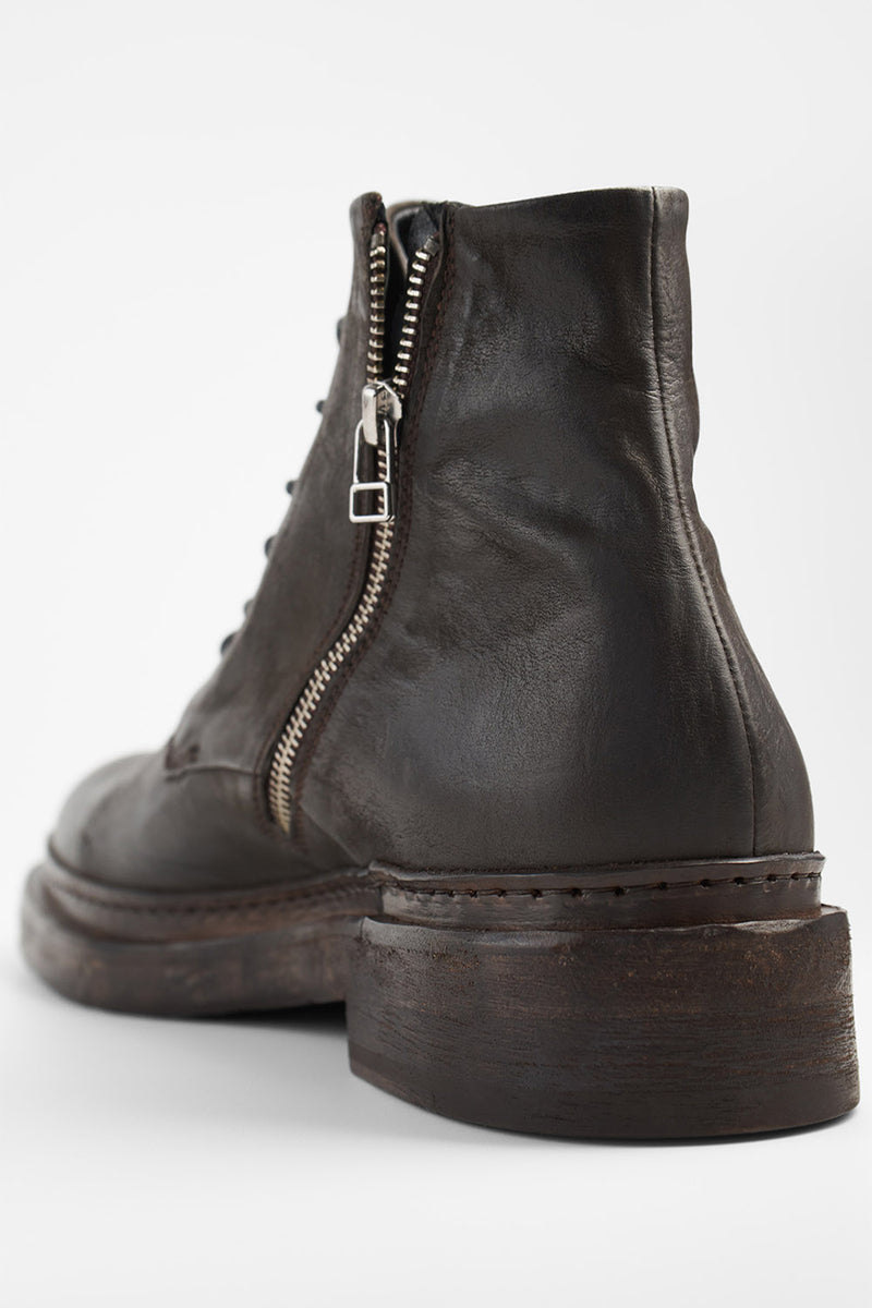 YALE ebony-brown welted derby lace-up boots.