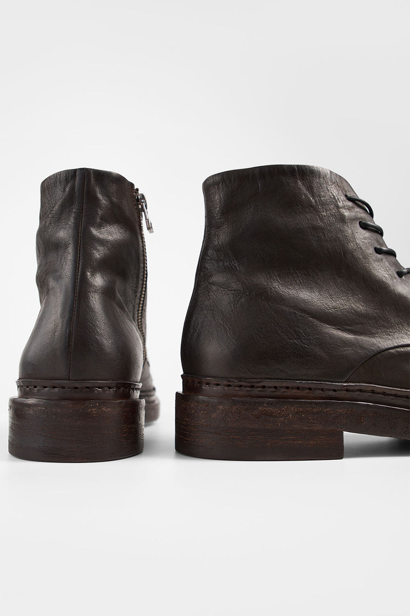 YALE ebony-brown welted derby lace-up boots.