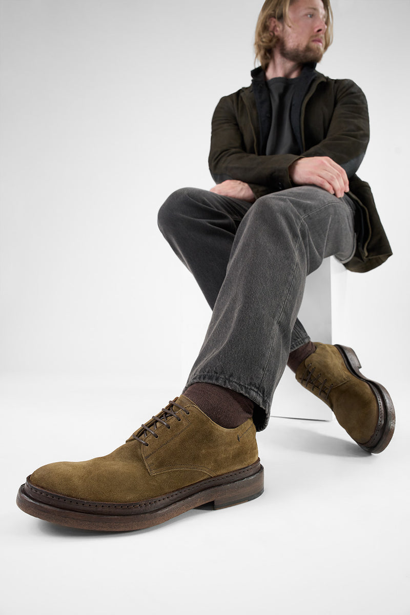 YORK tundra-brown suede welted derby shoes.